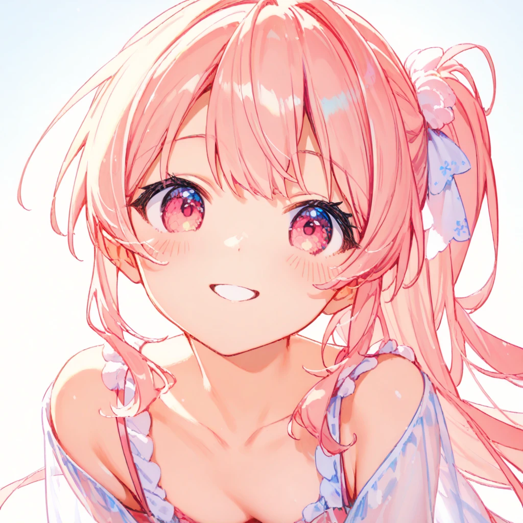 (masterpiece), (best quality), perfect face, beautiful girl, white background background, delicate and beautiful face and eyes, dark intense shadow, 
1 girl, vtuber style, cool girl, hololive, MikoSummer, long hair, ahoge, one side up, hair flower, pink bikini, floral print, frilled bikini, bikini, wet body, big chest, cropped shoulders, clavicle, winking, smile, bare feet, chest visible through clothes, ass visible through thighs, (full body), looking at viewer, standing, 