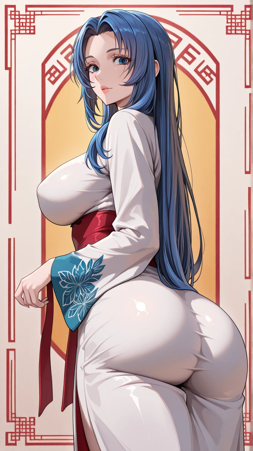eida, long hair, bangs, blue eyes, very long hair, blue hair, pink hair, multicolored hair, earrings, blunt bangs, two-tone hair, streaked hair, beautiful, beautiful woman, perfect body, perfect breasts, wearing a kimono, showing shoulders, wearing earrings, wearing a watch, being in the garden, cherry trees, traditional Japanese house, looking at the viewer, a slight smile, realism, masterpiece, textured leather, super detailed, high detail, high quality, best quality, 1080p, 16k, showing shoulder, (((perfectly erected medium breast))), kneeling and showing her ass, from behind
