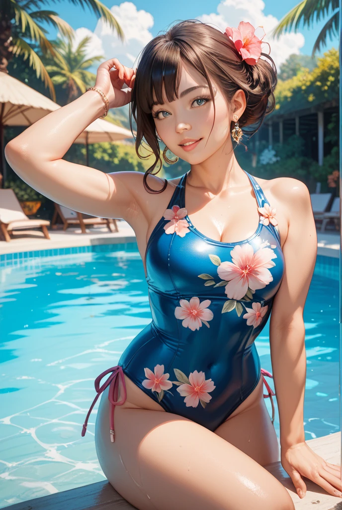 Pool 、Beer 、Luxury cruiser pool、An old man filled with joy surrounded by beautiful women in swimsuits