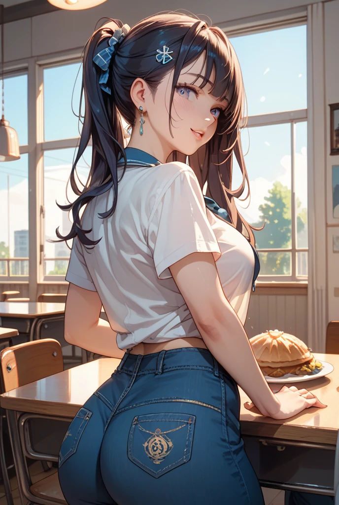 masterpiece, realistic eyes, best quality, bamboo, closed mouth, beautiful lighting, cinematic, 8k, solo, 1girl, facial, wet face, liner, wooden walls, medium tits, white shirt, short shorts, back, wide hips, ass, cum on ass, kamado nezuko, pink eyes,