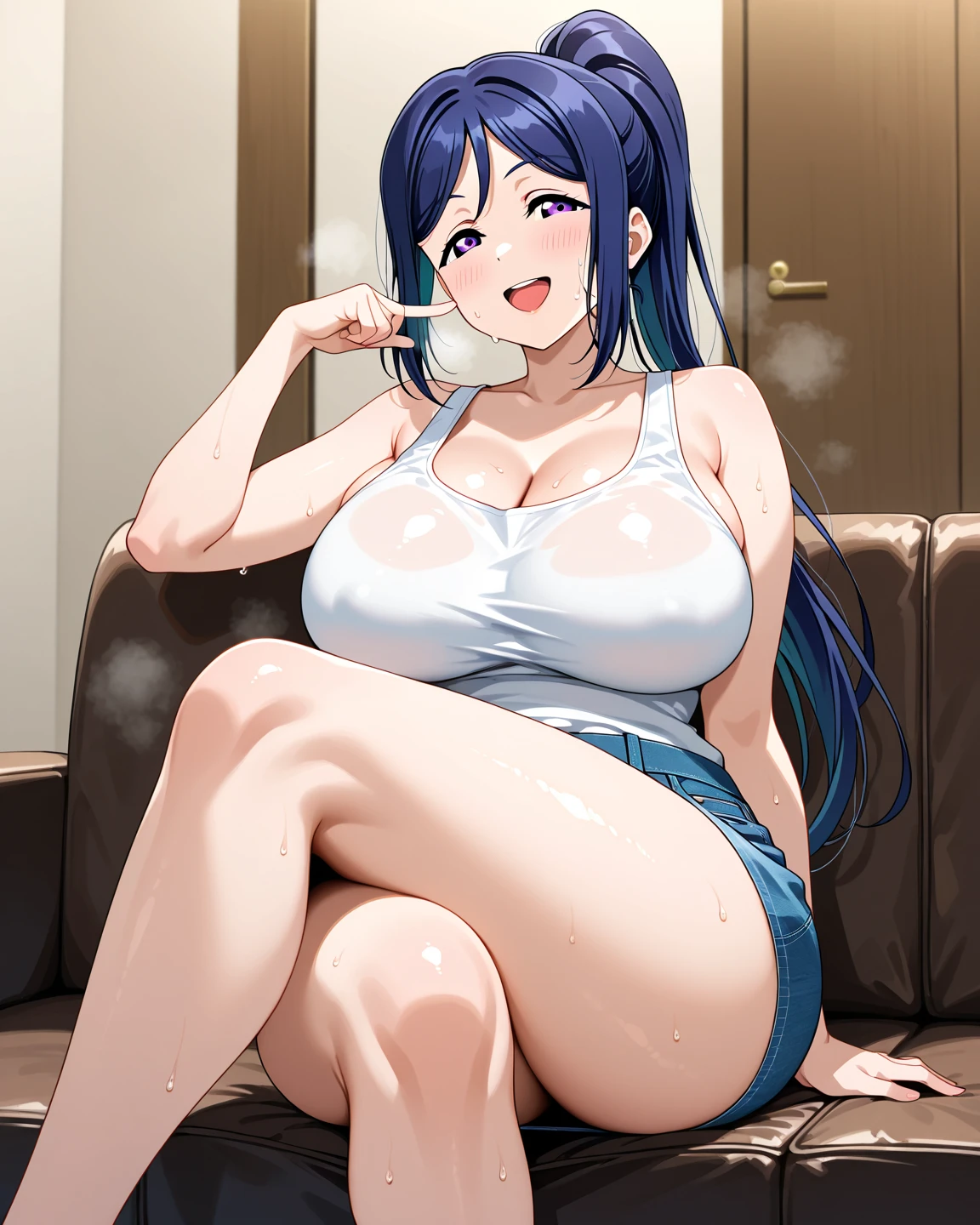 masterpiece, best quality, ultra high res, ultra-detailed, inside a girly bedroom, sunset, beautiful port city landscape, gamma, slut, solo, (blue hair, blue eyes: 1.4), ponytail hairstyle with hair ornament, red lipstick, red eyeliner, (gigantic tits and giant cleavage: 1.4), hairy pubic hair, (pink lace-trimmed bra: 1.3), (soggy transparent pink pantyhose: 1.5), looking at the viewer, sexual alluring expression, moaning, pleasure face, horny, very erotic face, wet, (gamma is squatting with her legs spread wide and squirting piss while having a very slutty ahegao face and rolled up eyes and with an insane smiling open mouth with tongue out: 1.6), (bottom close pussy photo: 1.5)
