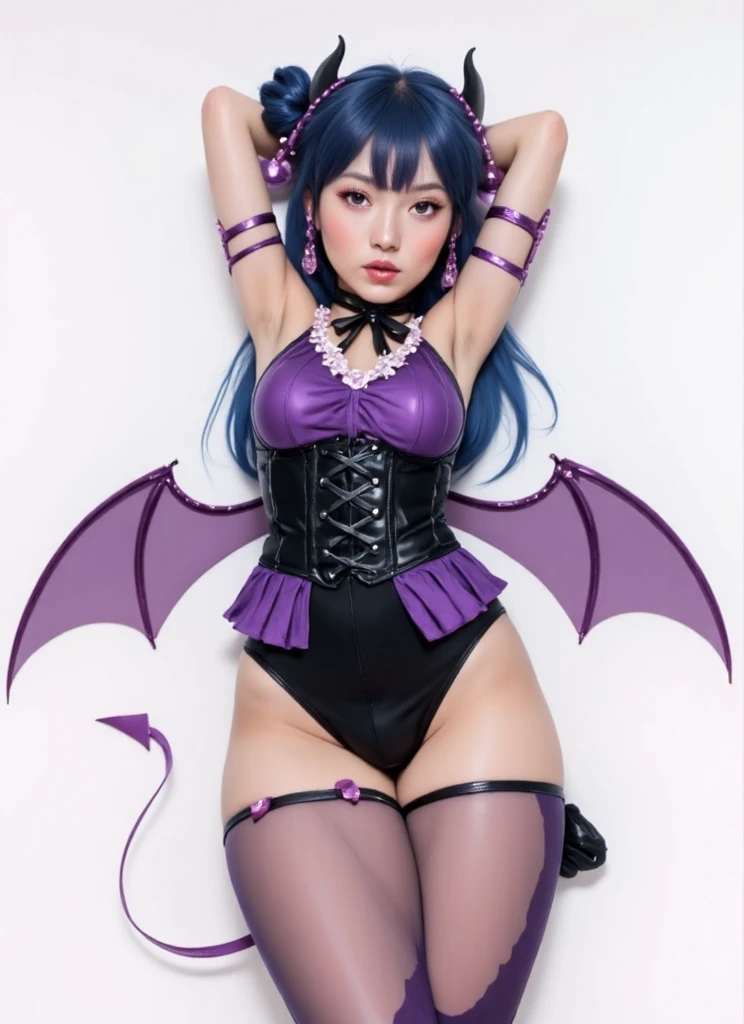 (High quality, masterpieces), One Japanese girl wearing sailor-moon like costume, kneeling down, Touching on her crotch with her left hand, Sucking her right thumb, Big breast, Drenched her full-body in sweat, Bob cut black hair, Beautiful face, Brown eyes, Dark blue wide sailor collar with shoulder embellishment, Dark blue ruffle mini skirt, Huge gorgeous ribbon made by black lace on her chest, Metallic silver sheer leotard adhered to her skin, A heart shape cutout around her navel, Bat wings on her back, black long leather fingerless gloves, Purple sharpened demonic claws, Black leather long boots with heels, black circlet with a purple jewel on her forehead, broad and deep black eyeshadow, Attach sheep's horn to temporal region, Ancient ruins on a mountaintop, Midnight with red Moon, Red carpet