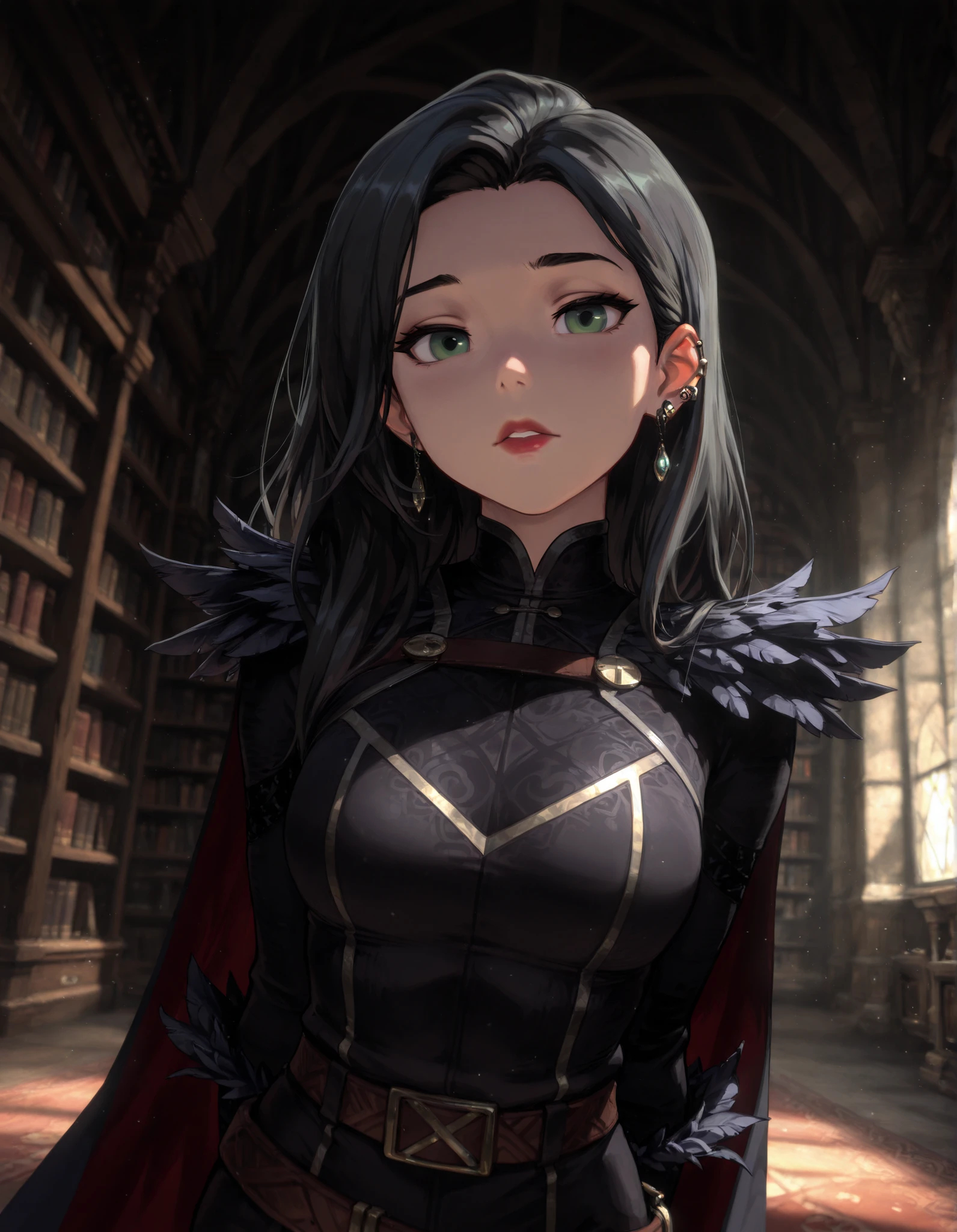 dr4g0n-style, masterwork, masterpiece, highres, very aesthetic, absurdres, 8k, uhd, high detailed face, absolutly gorgeous, high detailed eyes, perfect eyes, dynamic light, dynamic angle, natural light, 1girl, solo, long hair, parted lips, looking at viewer, , black hair, closed mouth, jewelry, green eyes, earrings, indoors, belt, black dress, cape, , piercing, arms behind back, brown belt, red lips, hair behind ear, animification, feather trim, long sleeves, ear piercing, bookshelf, masterpiece, best quality, amazing quality, masterwork, cinematic light, harsh shadows, light and shadows, perfect composition