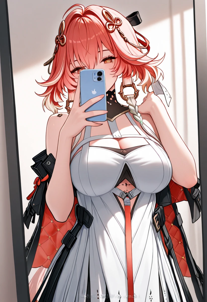 Masterpiece, absurdes, ultra detailed, 1girl, busty woman, red hair, tattoos, small waist, squatting, taking a selfie, high heels, black dress, thicc, bedroom, from side