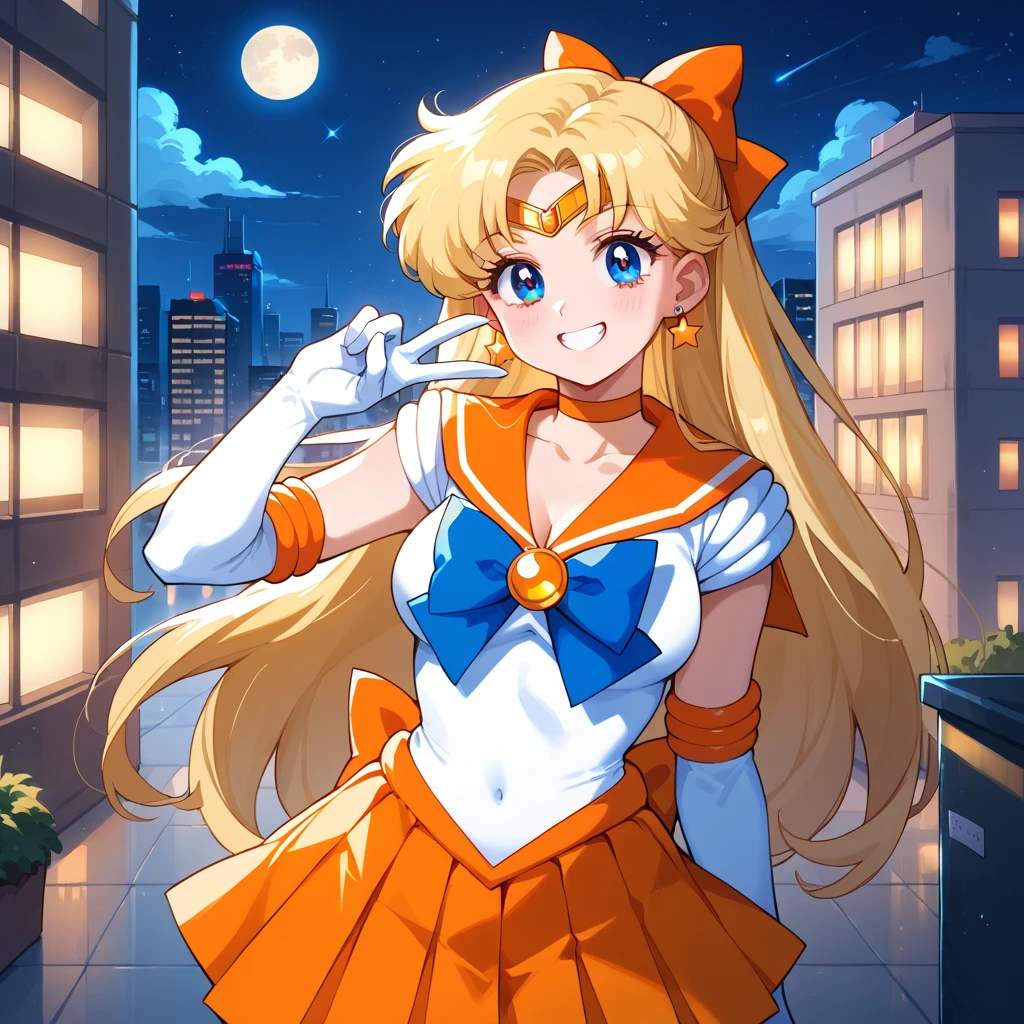 a anime girl with long hair posing on the moon, near a house and a building, 1girl, sailor moon, tsukino usagi, solo, skirt, sailor senshi uniform, blonde hair, blue eyes, gloves, panties, twintails, underwear, skirt lift, long hair, white gloves, moon, clothes lift, jewelry, night, looking at viewer, earrings, smile, choker, white panties, bow, double bun, breasts, lifted by self,lol_i,Ichigo Hoshimiya (Aikatsu!),supersailormoon
