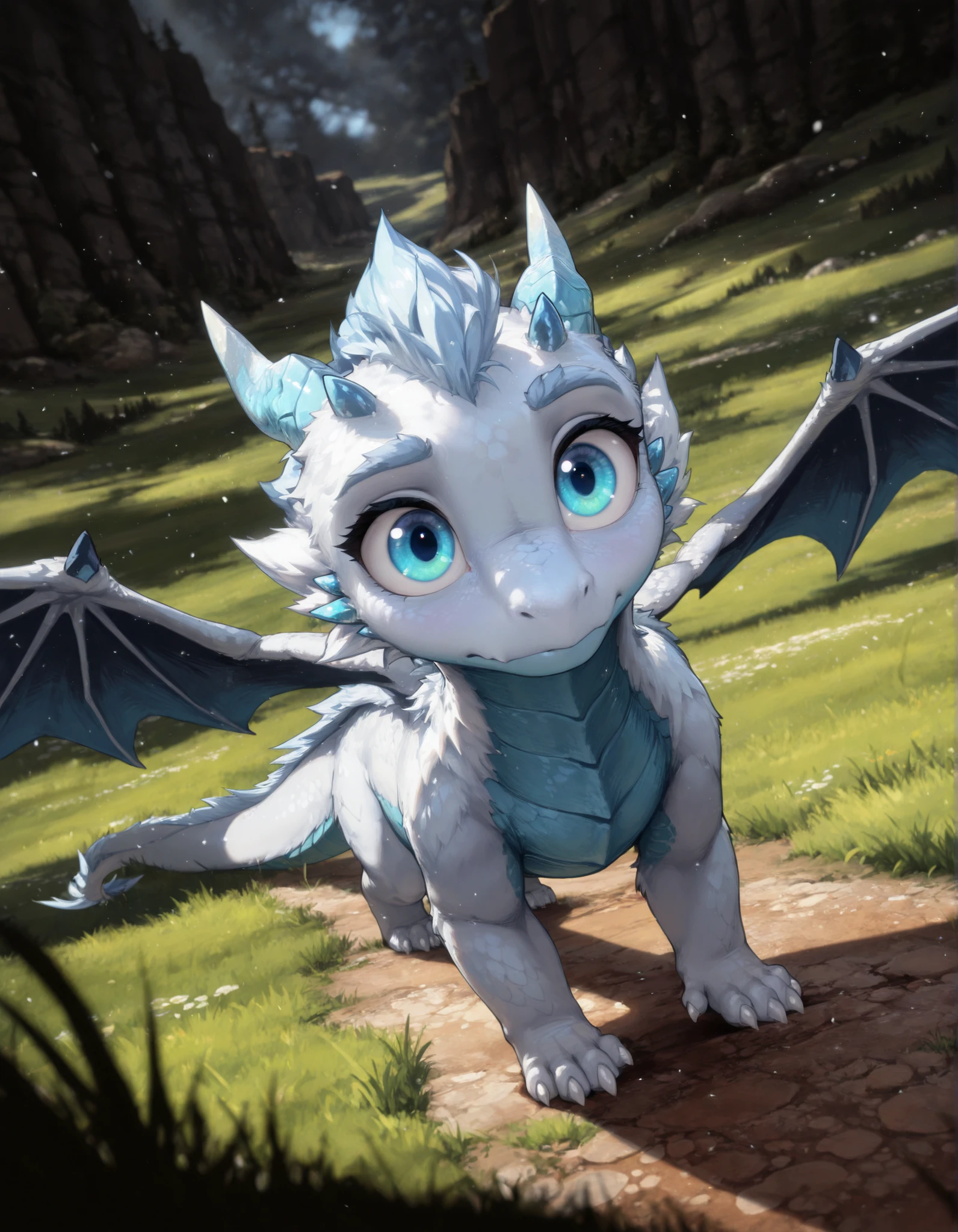 dr4g0n-style, masterwork, masterpiece, highres, very aesthetic, absurdres, 8k, uhd, high detailed face, absolutly gorgeous, high detailed eyes, perfect eyes, dynamic light, dynamic angle, natural light, solo, blue eyes, closed mouth, standing, full body, outdoors, light blue horns, dragon wings, no humans, grass, white claws, animal focus, blue skin, blue eyes, big eyes, white fur, head fur, little dragon, creature, masterpiece, best quality, amazing quality, masterwork, cinematic light, harsh shadows, light and shadows, perfect composition