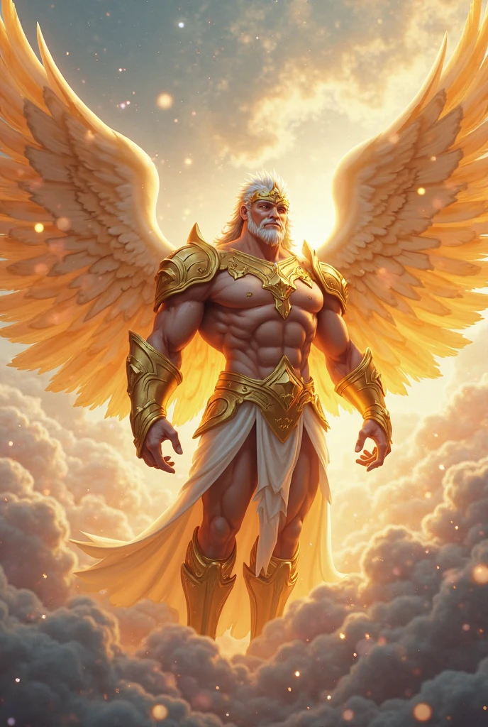 there is a man with a beard and a cape standing in front of a rainbow, full - body majestic angel, a massive celestial giant god, portrait of greek god ares, biblical accurate angel, the god zeus, furious god zeus, greek god, olympian god, epic biblical depiction, angel protecting man, winged human, greek myth digital painting, concept art of god