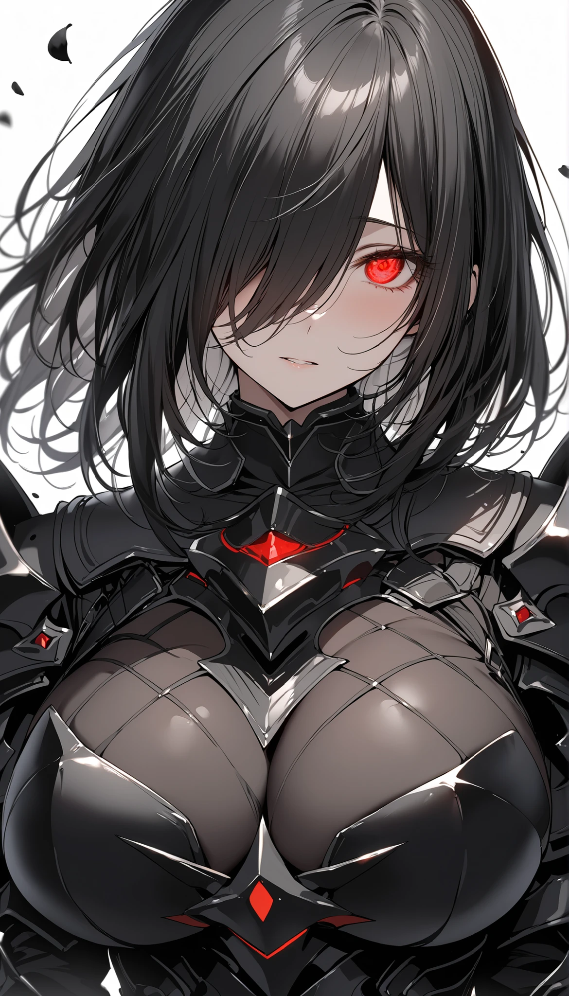 1 girl,upper body,black hair,stand,straight-on,red and blackeyes,masterpiece, best quality, very aesthetic, absurdres,Pasties,breast out, Covered nipples,clothes, nippleless_clothes,tight,clothes