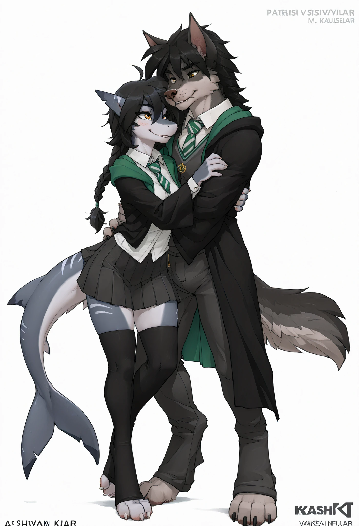 (K4 detail), (grey shark girl teasing a black wolf boy), female shark, grey skin with dark stripes, white belly, long black hair with a single braid, white soles of the feet, gold eyes, full body portrait, digitigrade legs, fluff-kevlar, zaush, Enchanting Eyes, Slytherin, hogwarts uniform, collared shirt, loose necktie, green tie, pleated skirt, black thigh-high socks, hugging, embracing, wolf boy wears pants, F.M PDXL