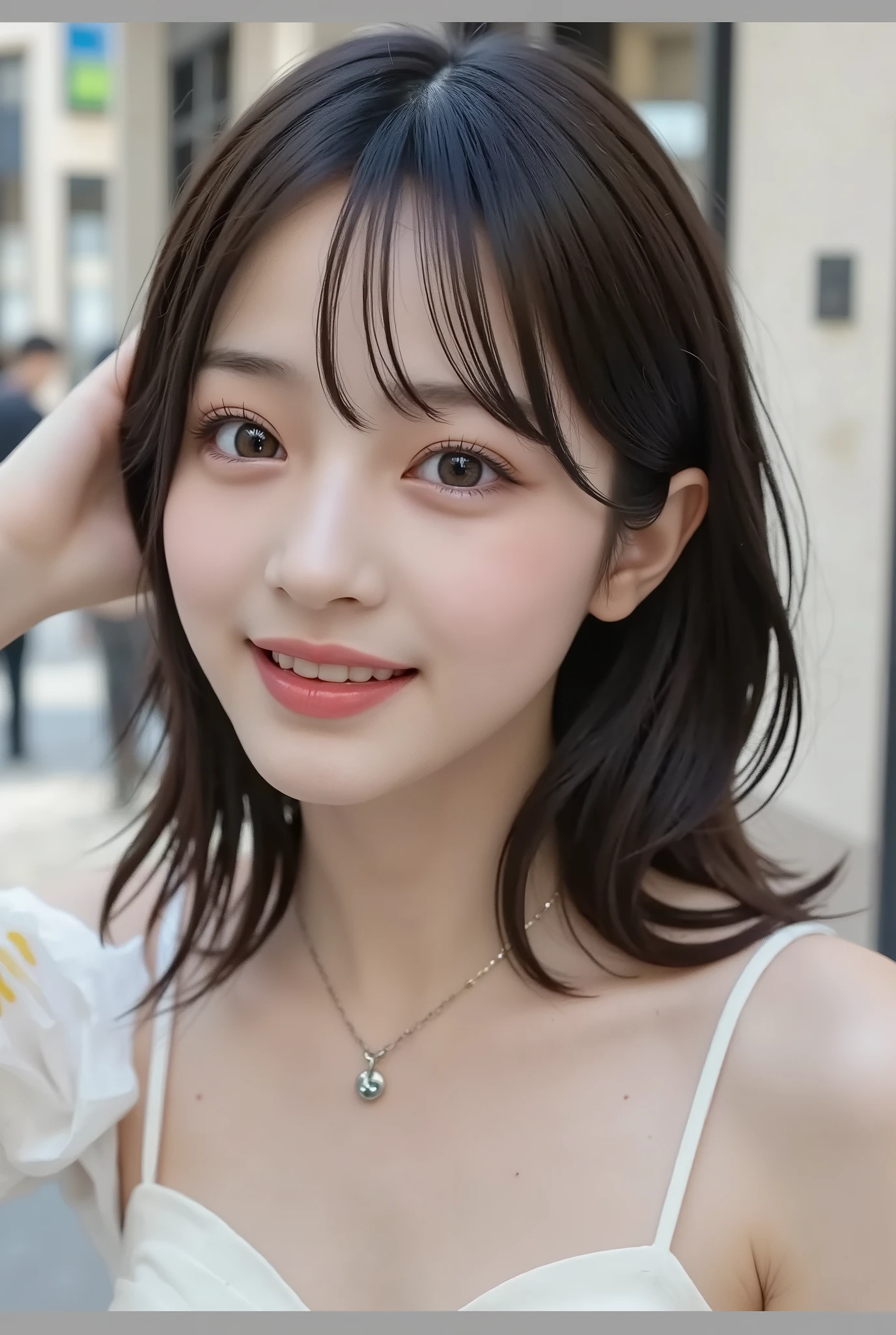 {{top quality:1.8}}}, {masterpiece:1.8}, {:1.8}},,{natural makeup:1.8},{{Extremely elaborate facial eyes:1.8}, {{ Beautiful pale skin }}}, {professional lighting)}},{High precision selection},{{{{Picture of a face above the chest}}}},{{one high school girl:16age :smile :small breasts:Nipples}},,{Red cheeks:1.6},,{{{{smile:big double eyelids:mascara: teardrop bag:long eyelashes:1.8}}},,{{eyeshadow:0.8}},{{{{透けて見える白いタンクトップ-Nipples:1.8}}}},{{bob cut::Princess Cut:ponytail:1.8}}