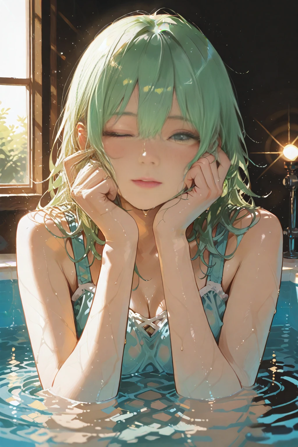 (((anime))) A woman taking a bath,Washing the body,Turn your back,Long Hair,(Green Hair),Bangs parted in the center,Heterochromia iridis,((blue eyes)),Yellow Eyes,Big eyes bathing in water,shower,White towel,Wrapped around the body,Lots of bubbles Light,Backlight,masterpiece,Highest quality,Exquisite,8k,Absurd,Ultra-fine illustrations,third person,High angle