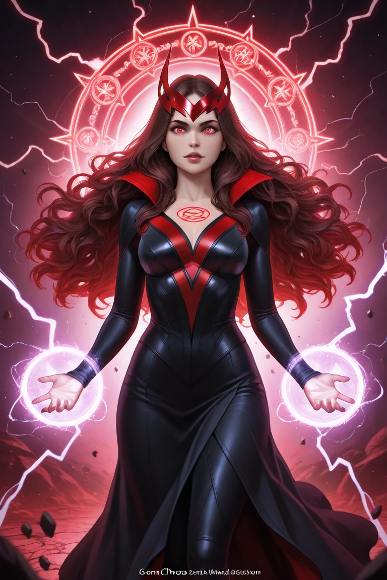 a woman with long crimson hair, wearing a long, intricate corset, beautiful detailed eyes, beautiful detailed lips, extremely detailed face, longeyelashes, elegant pose, graceful movement, breathtaking, detailed and realistic, oil painting, dramatic lighting, warm color palette, cinematic composition, masterpiece, 8k, high quality, Scarlet Witch, (((red eyes)))