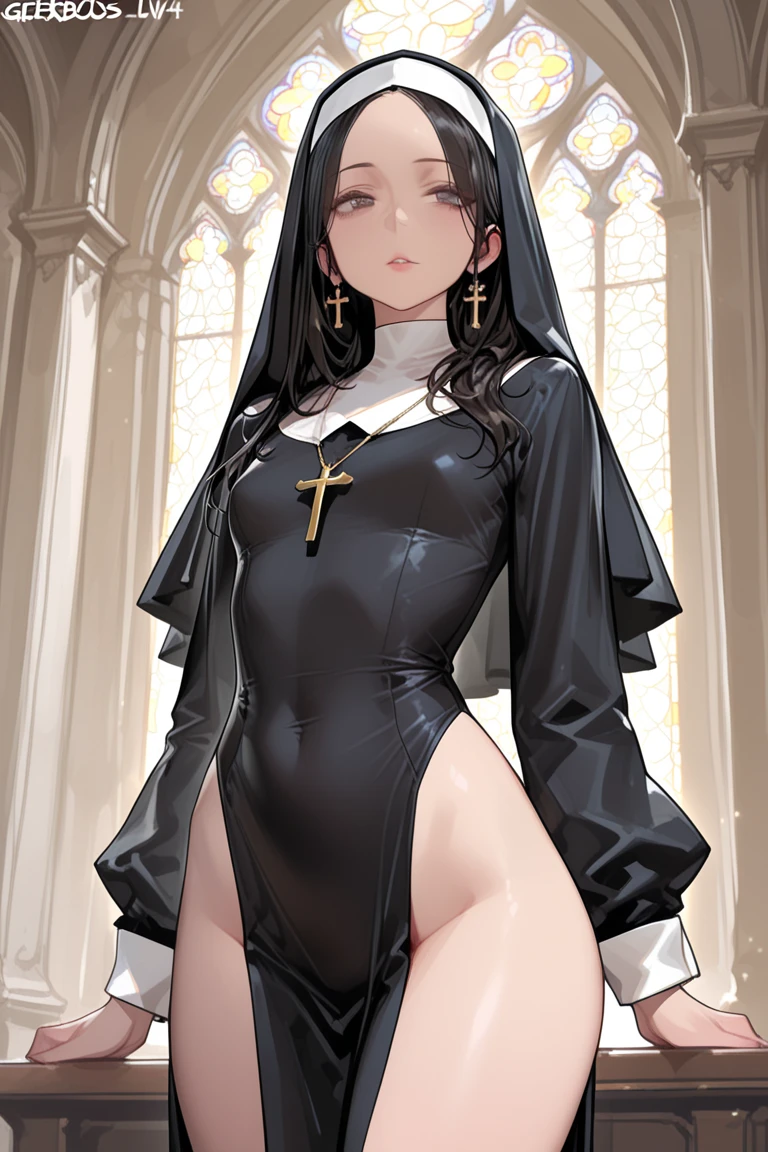 A masterpiece, whole body, a beautiful girl,long loose black hair, blue-eyed, with black glasses, of a beautiful smile, dressed as a nun, On his neck he wears a necklace with a cross.,with long stockings from the thigh, black garter belt,with black heels,The background of the churches with luminous lights
