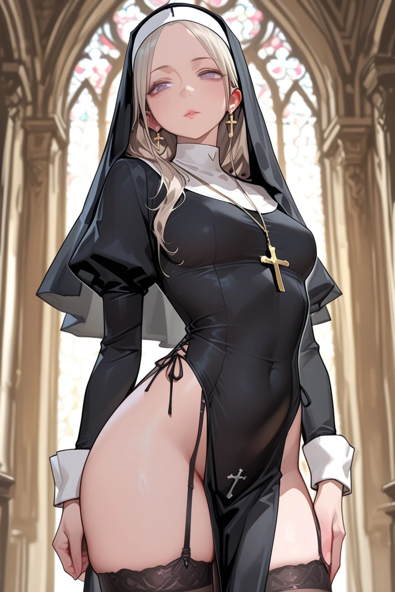 Standing, big breasts, plump, pretty face, thick body, blonde hair, hands covering eyes, seductive expression, showing a happy smile, showing armpits, masterpiece, super mass, 4k quality, high detail, dark elf mother, black nun turban, lace skirt, cleavage, white tights, sweaty, hands on the back of the head, lying on the table, wet transparent clothes, see-through, water vapor, steam from mouth, elevation view, add_detail:1.5