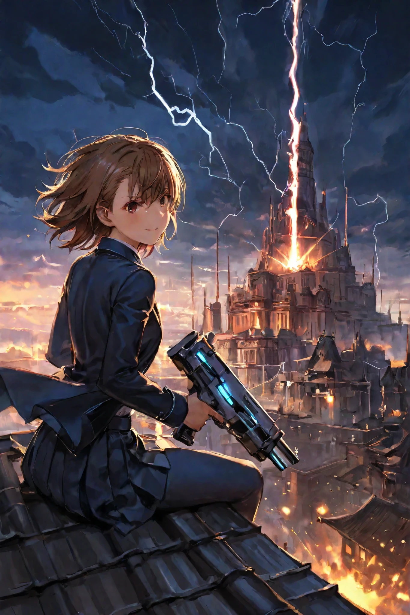 on the roof of a high-rise Jedi temple-like building、dramatic middle shot of Misaka Mikoto, a scientific super electromagnetic gun emitting lightning from both hands, futuristic spire and dome in the background, Night sky illuminated by thunderstorms, intense expressions, short brown hair fluttering in the wind, lightning swirling through the sky and lightning running through her arms, her uniform flipping violently with momentum, cinematic perspective, detailed digital animation painting, masterpiece:1.5, best quality
