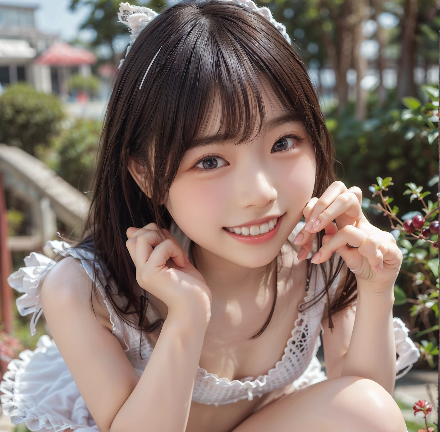 Adorable, sixteen years old, High school girl, Delicate body,pesant dress, ,Sitting on a bench, Twin-tailed, hair scrunchie, , (High color saturation:1.0), (highlydetailed skin), (Best Quality:1.0), (超A high resolution:1.0) ,(photographrealistic:1.0), (ultra-detailliert:1.0), (8K, Raw photo:1.1),(Smile:1.0)