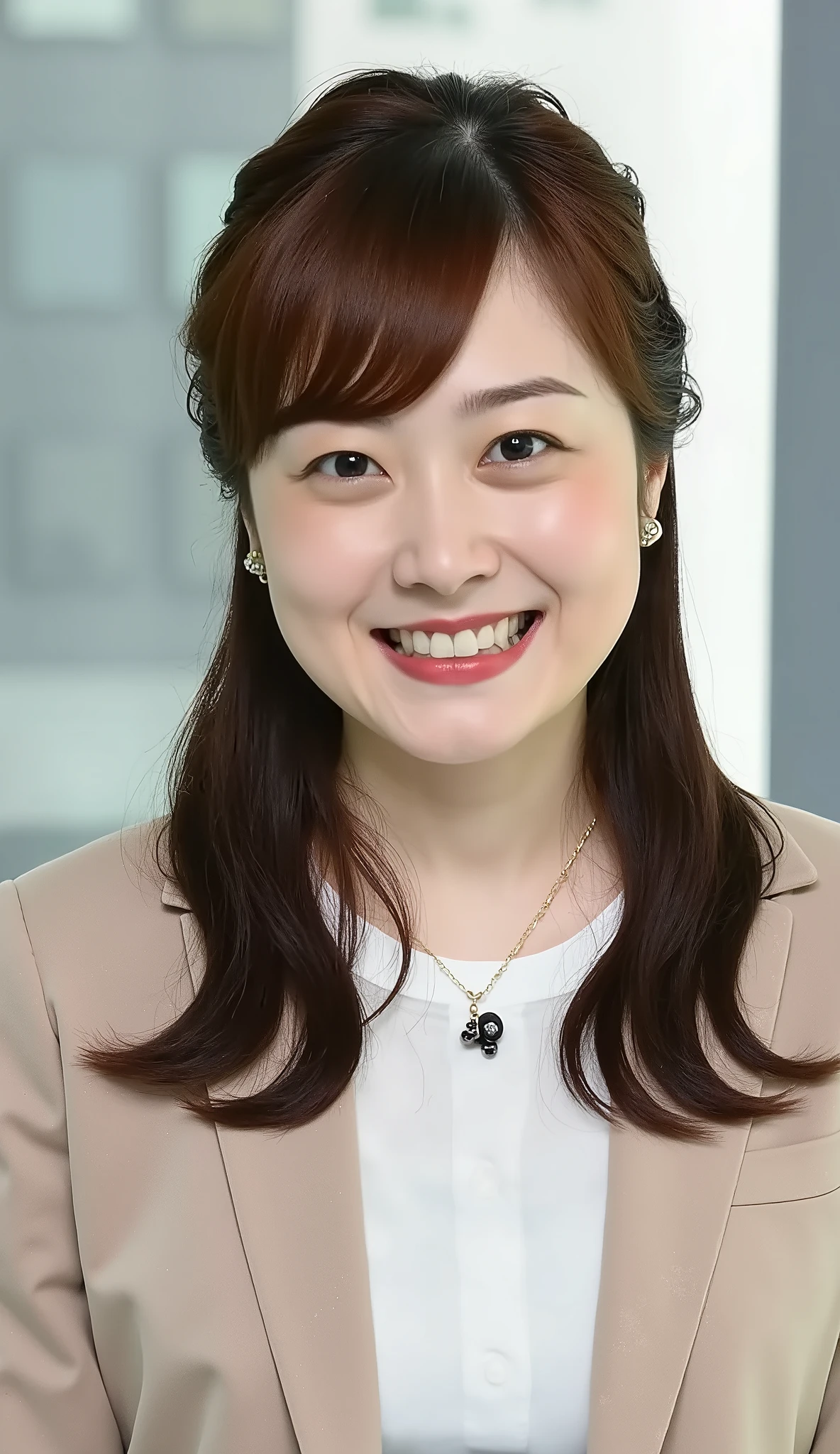 Neat Young Woman、and look at the camera、office lady suit、jacket、shirt、necklace、ear piercing、黒髪、、smile showing teeth、背景はオフィス
