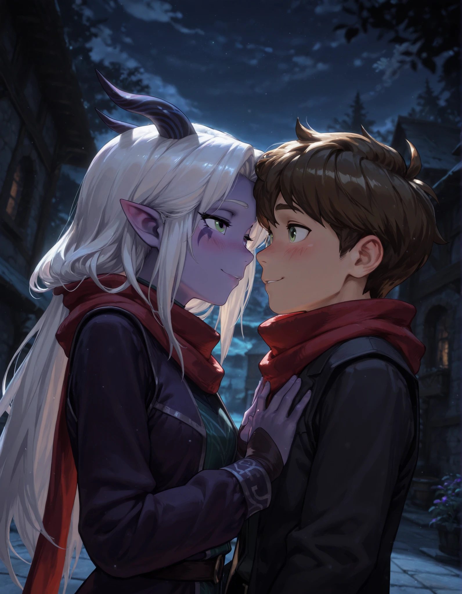 dr4g0n-style, masterwork, masterpiece, highres, very aesthetic, absurdres, 8k, uhd, high detailed face, absolutly gorgeous, high detailed eyes, perfect eyes, dynamic light, dynamic angle, natural light, 1girl, half closed eyes, long hair, blush, violet eyes, smile, short hair, brown hair, 1boy, green eyes, white hair, hetero, outdoors, horns, pointy ears, looking at another, colored skin, night, eye contact, purple skin, elf, hand_on_another's_chest, upper_body, red scarf, imminent_kiss, (puckered_lips:0.5), masterpiece, best quality, amazing quality, masterwork, cinematic light, harsh shadows, light and shadows, perfect composition
