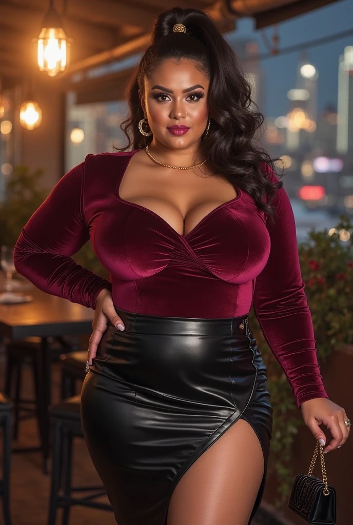 Latina woman, bright pink hair, long wavy hair, green eyes, size , curvy body, kodak 500, realistic photo, black blazer dress, black overknees boots, nightclub 