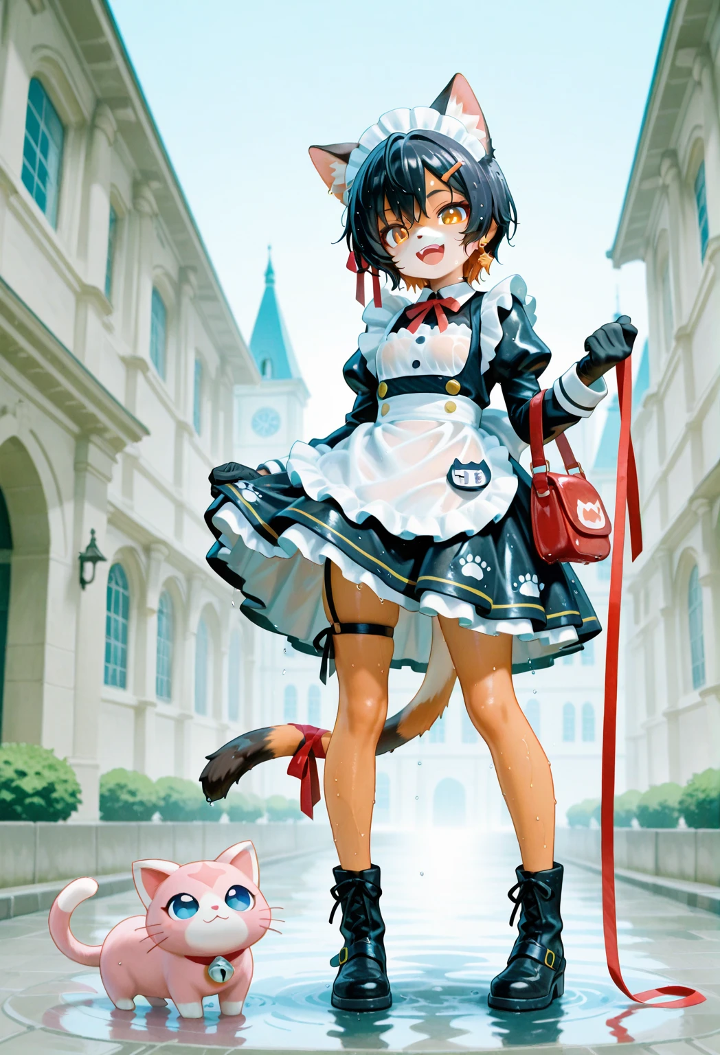 score_9, score_8_up, score_7_up, masterpiece, top quality , perfect face, highest resolution, 8k, amazing quality , detailed eyes, Clear eyes, 1girl, solo, furry, (furry), Beast Man, Warcat, white, orange and black calico cat hair, short hair, 猫の Beast Man少女, Cat Girl, 猫耳Maid, 猫尻尾Maid, pink cat name tag, red ribbon, Maid, Maid服, put a paw pattern on the skirt with one point, Maidキャップ, White Apron , double row of gold buttons, Black gloves in one hand, pink cat shoulder mini bag, wrapping a ribbon around one leg, ribbon on tail, cat ears and moon earrings, double teeth, Odd Eye, clear color, Mansion, Full Body, Digital Ocean, colorful, (((wet hair)))