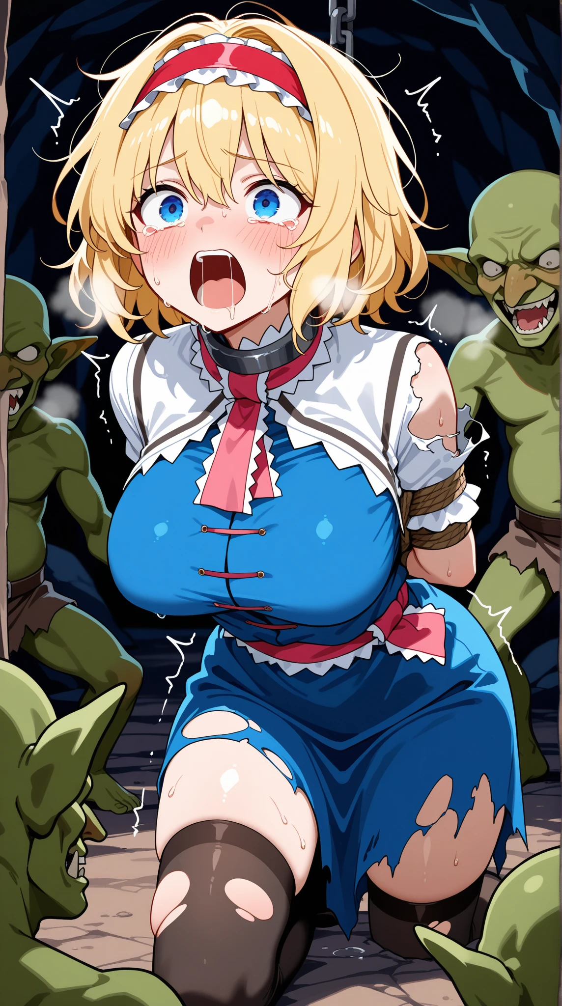 highest quality、complete limbs、Beautiful woman、solo、((orange hair woman))、((ponytail woman))、(big breasted woman:1.5)、((high school girl))、(A woman wearing a navy blue one-piece school swimsuit:1.3)、((woman wearing brown pantyhose))、woman is standing、(((nsfw:1.3)))、(((A woman surrounded by countless red tentacles)))、Tentacles wrap around a woman's body、The tentacles are wrapped around the woman's arm.、The tentacles are wrapped around the woman's legs.、((The woman is crying out in pleasure:1.2))、((The woman is panting with pleasure:1.4))、((Multiple tentacles inserted into a woman's vagina:1.5))、(((A woman whose entire body is soaked with mucus:1.5、Wet texture swimsuit)))