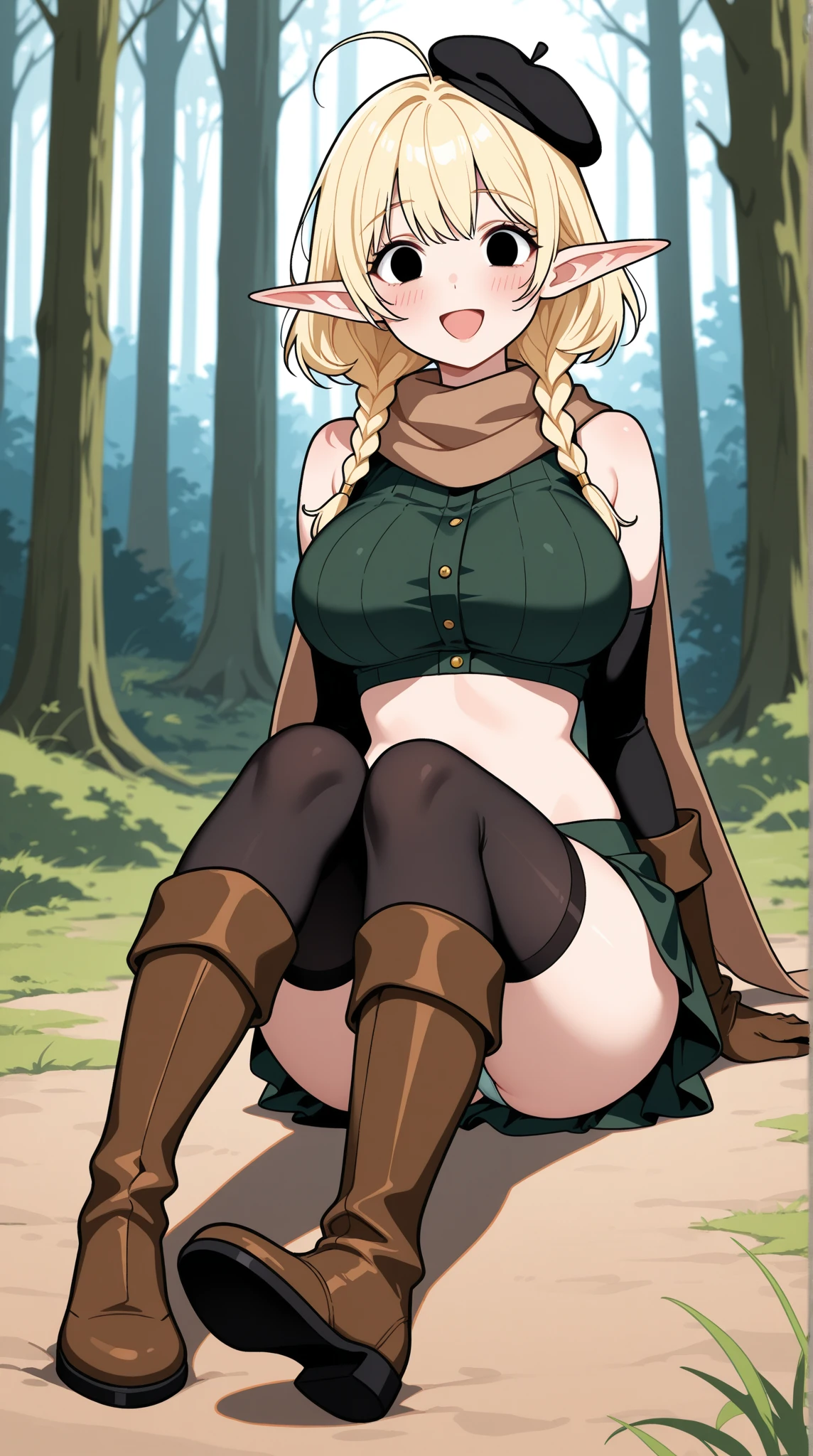 anime art style, masterpiece, best quality, very aesthetic, absurdres, dynamic shadows, atmosferic, marcilledonato, ((1girl)), blonde hair, ((long hair)), braid, twin braids, long braids, parted bangs, green eyes, detailed eyes, bright pupils, pointy ears, curvy body, large breasts, sexy, lingerie, see-throught, borrowed, embarrased, intense blush, ((feet out of frame)), (from front), (lying on back), (spread legs), (grass), (afternoon), (autumn), (trees), (clouds), (looking at viewer:1.0)
