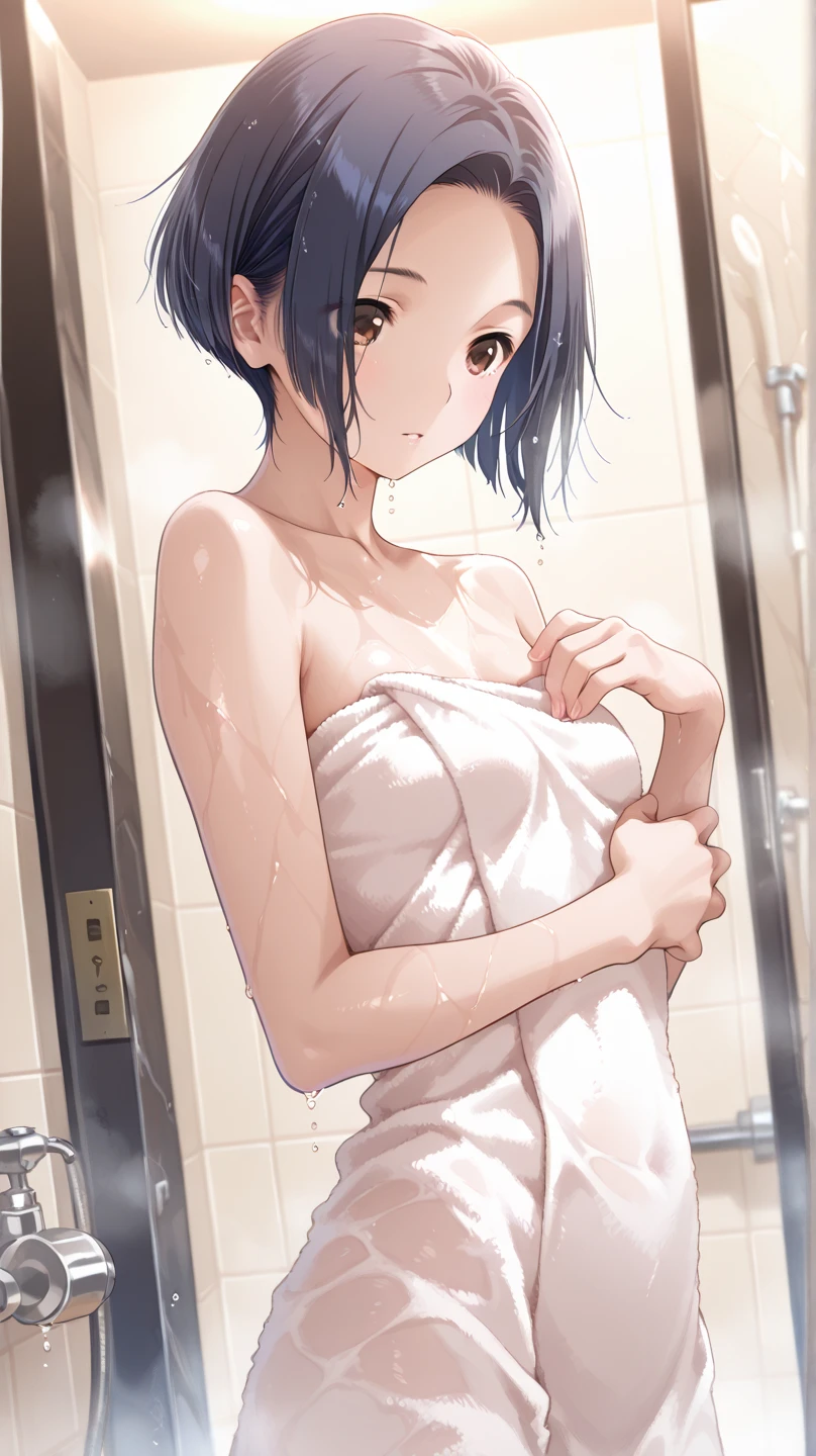 1.Woman, naked, mischievous smile, front view, focus on face, small breasts, short hair, naked, black hair, standing, naked, sitting, hot spring, spreading bath towel, provocative pose
