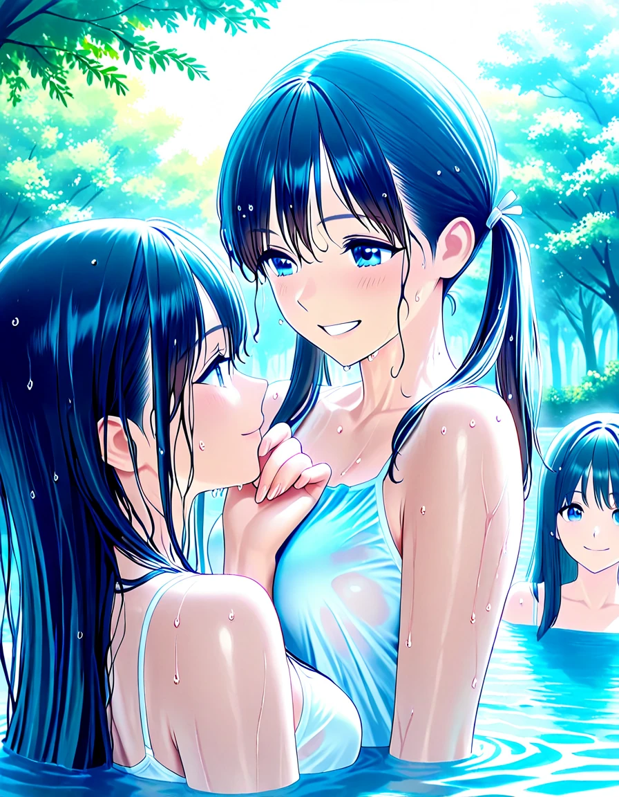 Anime Moe Art Style,Highest quality,High resolution,Anatomically correct,Multiple Girls,Mid-teens,Mr.々Hair style,Super detailed,Big Breasts,Shiny skin,Beautiful Skin,A rich expression,A big smile,high school girl,Nipples are visible,hot spring,Outdoor,Show off your chest,Naked upper body,Sexy pose,Eyes drawn in detail,8K