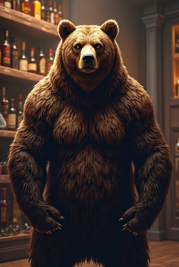 a huge muscular old bear with glasses, brown furry hairy pectoral, huge wide pectoral, short white hair, short black pants and shirtless, topless, bearded with mustache, simple background, (best quality,4k,8k,highres,masterpiece:1.2),ultra-detailed,(realistic,photorealistic,photo-realistic:1.37),solo,1boy