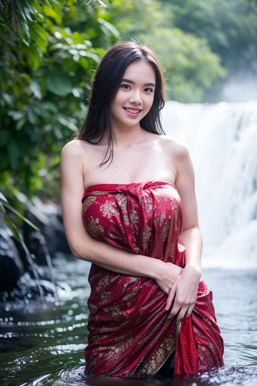 Cute girl wearing sarong dress with seducing pose, big smile, happy, bustling, ((whole body)) turning away facial at viewer, closeup, heavy mountains, misty, fog, woman standing in the waterfall, wet body, wet clothes, wet skin, beauty skin, huge breast:1.5, thick thighs bright lighting, big round ass, cute face, slim abs, 35mm lens, Extreme close-up, depth of field cinematography effect, romantic film genre, 8k resolution, high quality, ultra detail