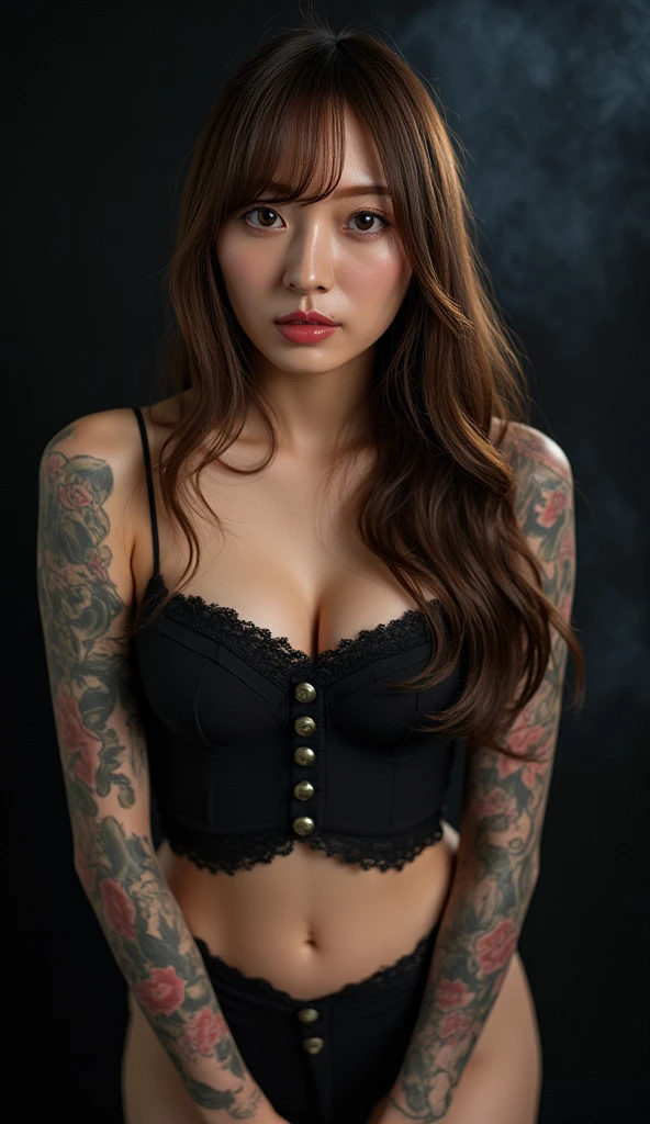 A beauty girl with tattoos on body, Wearing kebaya dress, beautiful art tattoo detailed, ((text tattoo on her body:LOVE)), detailed beautiful eyes, big breast, realistic