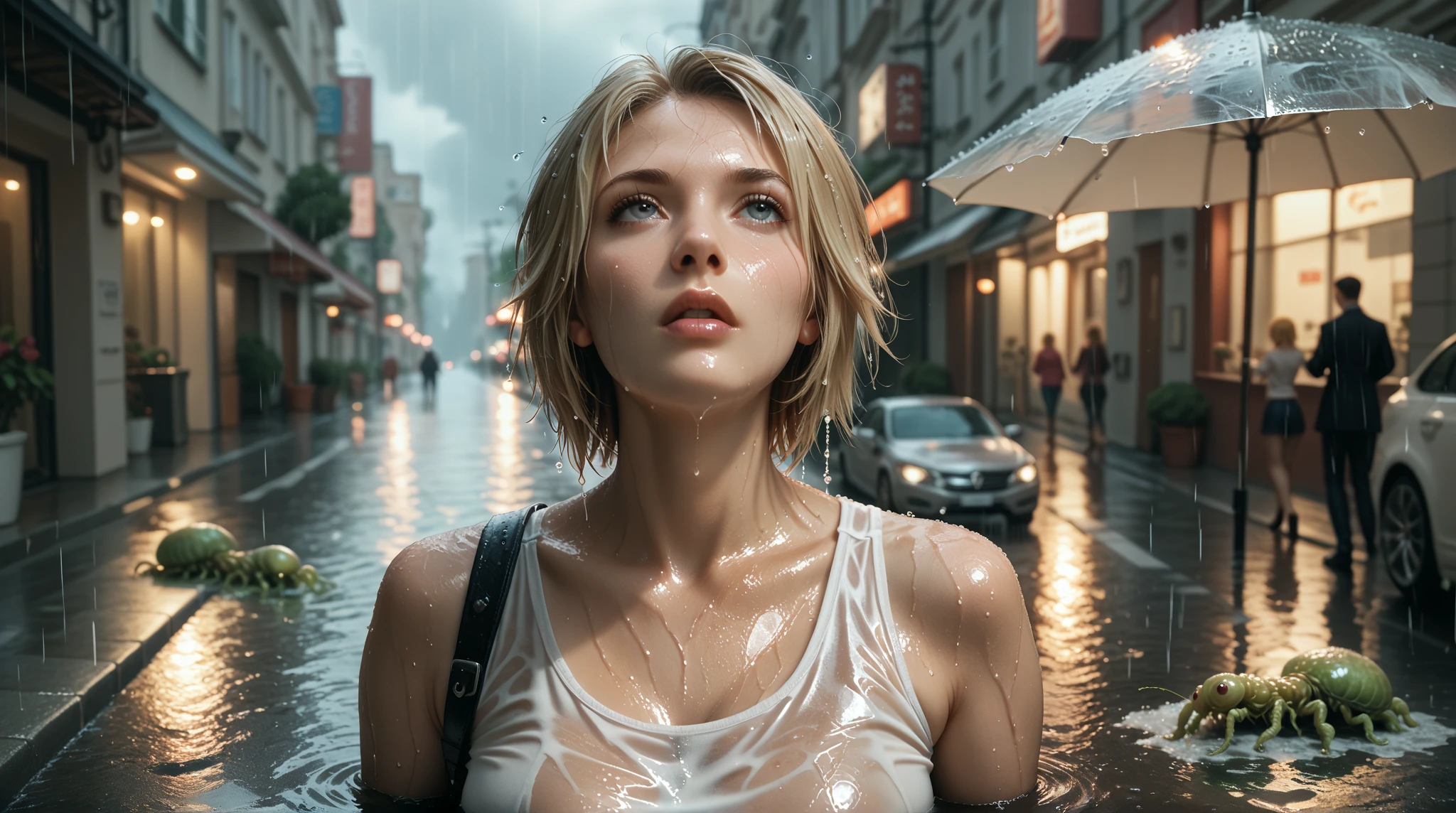 masterpiece, best quality, trending on artstation, (closeup of face and cleavage:1.2), 18 year old girl, wavy blonde hair, large breasts, (wearing see through gamer tube top:1.1), wearing micro thong, slim waist, perfect hips, posing, in a dark post apocalyptic landscape, (night:1.2), wilderness, dramatic sky, rain, light and shadow, vignette, ultra detailed, dark sky, light coronas, (sfw:1.2)
