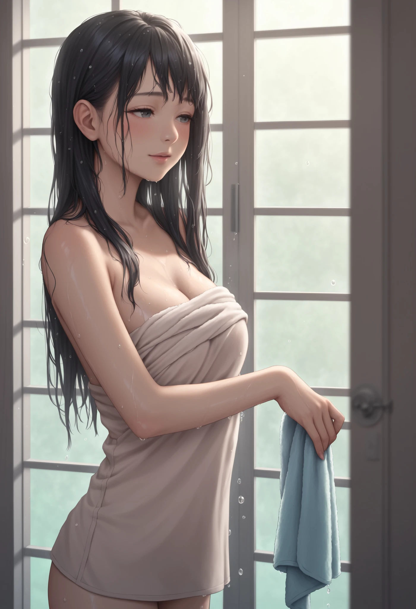 masterpiece, High resolution, perfect face, beauty of japan, 30 years old, beautiful face, shower room, embarrassed look, (top quality eyes), (detailed texture), look at me, Married woman, cool women, (high resolution eyes), black hair, nude, taking shower