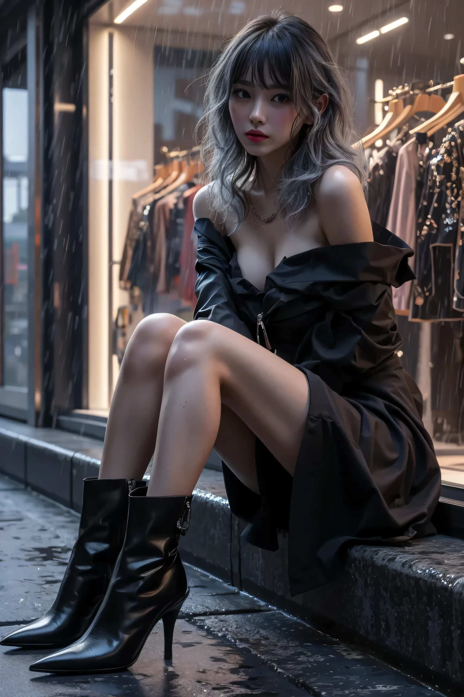 masterpiece, Best Quality, Realistic, Futuristic fashion, fashion portrait, BREAK (1girl,sitting:1.4),(all body shot:1.9), BREAK Incredibly slim waist, Upward-facing medium and perky nipples, with disproportionately medium breasts, and rounded medium buttocks, exuding a sculptural beauty, cute Girly face, White and beautiful skin, slim face, arranged gray hair, looking viewer, meat stuck to the clothing, BREAK _ (Cityscape background:1.2), (White and black graffiti-covered walls:1.4), _ BREAK (Confident standing punk pose:1.2), _ BREAK (wide angle:1.7), _ BREAK(White and black theme:1.4), (Geometric pattern print:1.4),(fusion of traditional High collar kimono and punk elements:1.4), (black leather jacket with white silk kimono:1.2), (silver studded details on kimono:1.2), (punk-inspired accessories, black Leather thigh belt:1.4), _ BREAK (punk-style leggings and boots:1.2), /// (fog and mist Blurred background, Perfect and beautiful concrete background:1.4), (Inorganic and nostalgic white lighting:1.4),