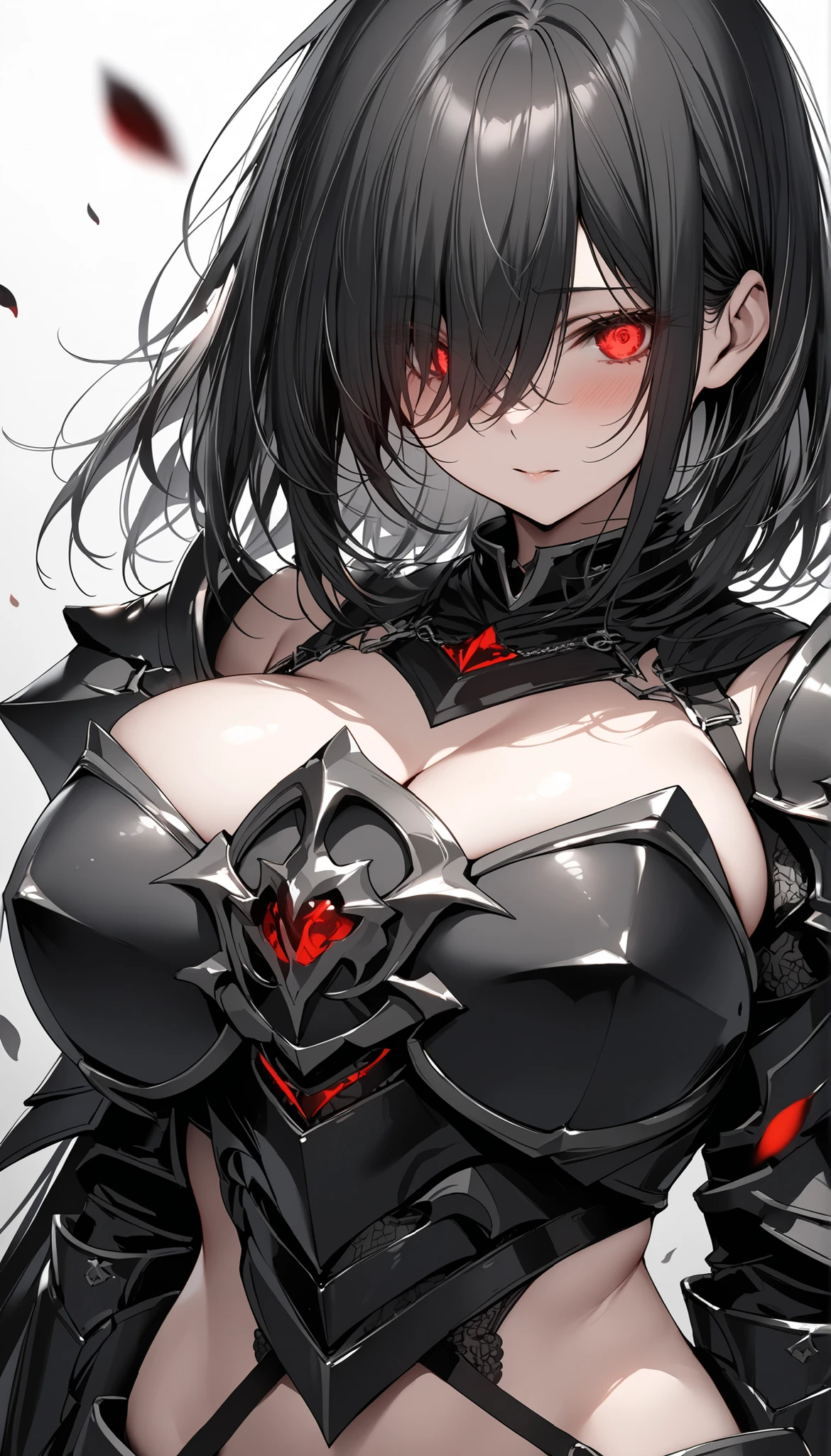girl, medium hair, best quality, knight, red armor, worried, cowboy shot, black background, detailed eyes, open mouth, horrified, unusually open eyes, wide-eyed, bulge, flat chest, ((((mind control)))), glowing eyes, purple eyes, masterpiece, beautiful face, flat chest, (((((moaning)))), ahegao, arms up, tied up, hair between eyes, messy hair, half-closed eyes, armored dress, cleavage, chest jewel, armored leotard,