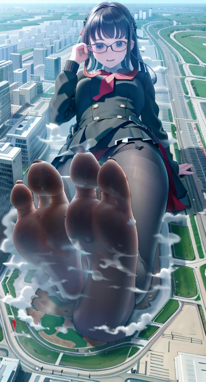 A giantess,Loli body type,adolable,pupils,destroying city,Wear white socks,Wear a school uniform,,Dumb cute,No shoes,