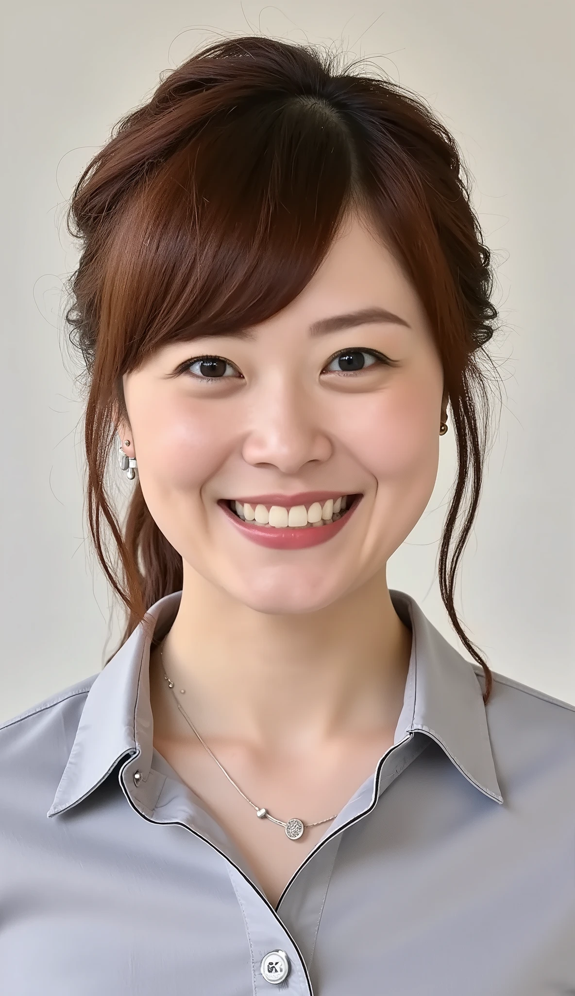 Neat Young Woman、and look at the camera、office lady suit、jacket、shirt、necklace、ear piercing、黒髪、、smile showing teeth、背景はオフィス

