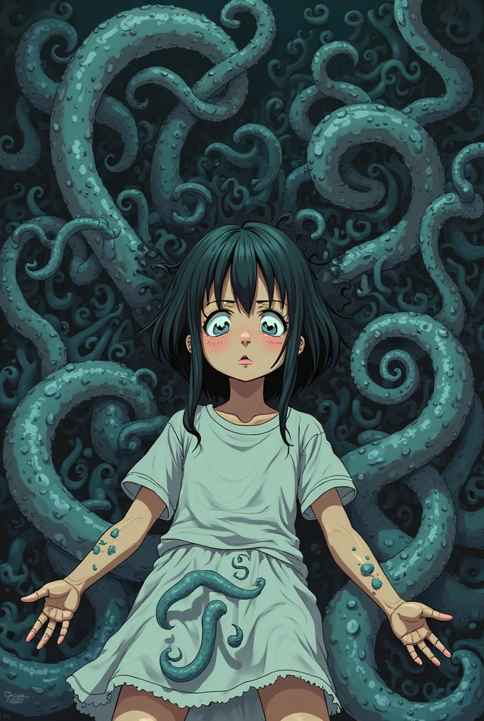 A girl's lower_body is transformed into a tentacles(Japanese anime style)(scared and crying)