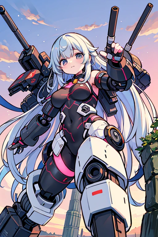 in the style of <lora:mcg-000008:1>.1girl, solo, blue eyes, long hair, black hair, thighhighs, mecha musume, yellow background, multicolored hair, mechanical ears, leotard, barcode, looking at viewer, simple background, mechanical parts, mechanical arms, animal ears, open mouth, headgear, android, science fiction, white hair, hair ornament, :o