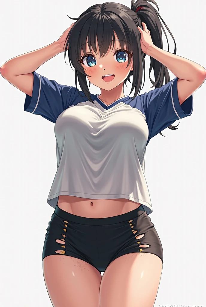 ponytail, forehead, sportwear, petite, medium boobs, hair locks, cowboy shot, shirt lift, short hair