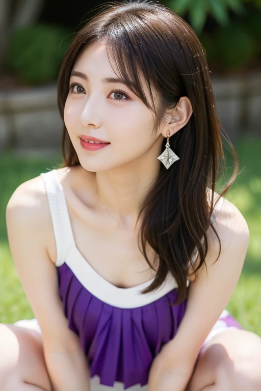 (a beautiful woman, age 33, outdoor morning dawn, wearing a purple see-through dress, White daisy hair accessories, short disheveled hair, super definition face, fine eyes with double eyelids, dimpled kind smile, beautiful lips, fair skin, super cute and soft face, brown hair, soft toned body, ample round bosom, 8k resolution, super realistic, super definition, highest definition, masterpiece, bokeh_background, SFW)