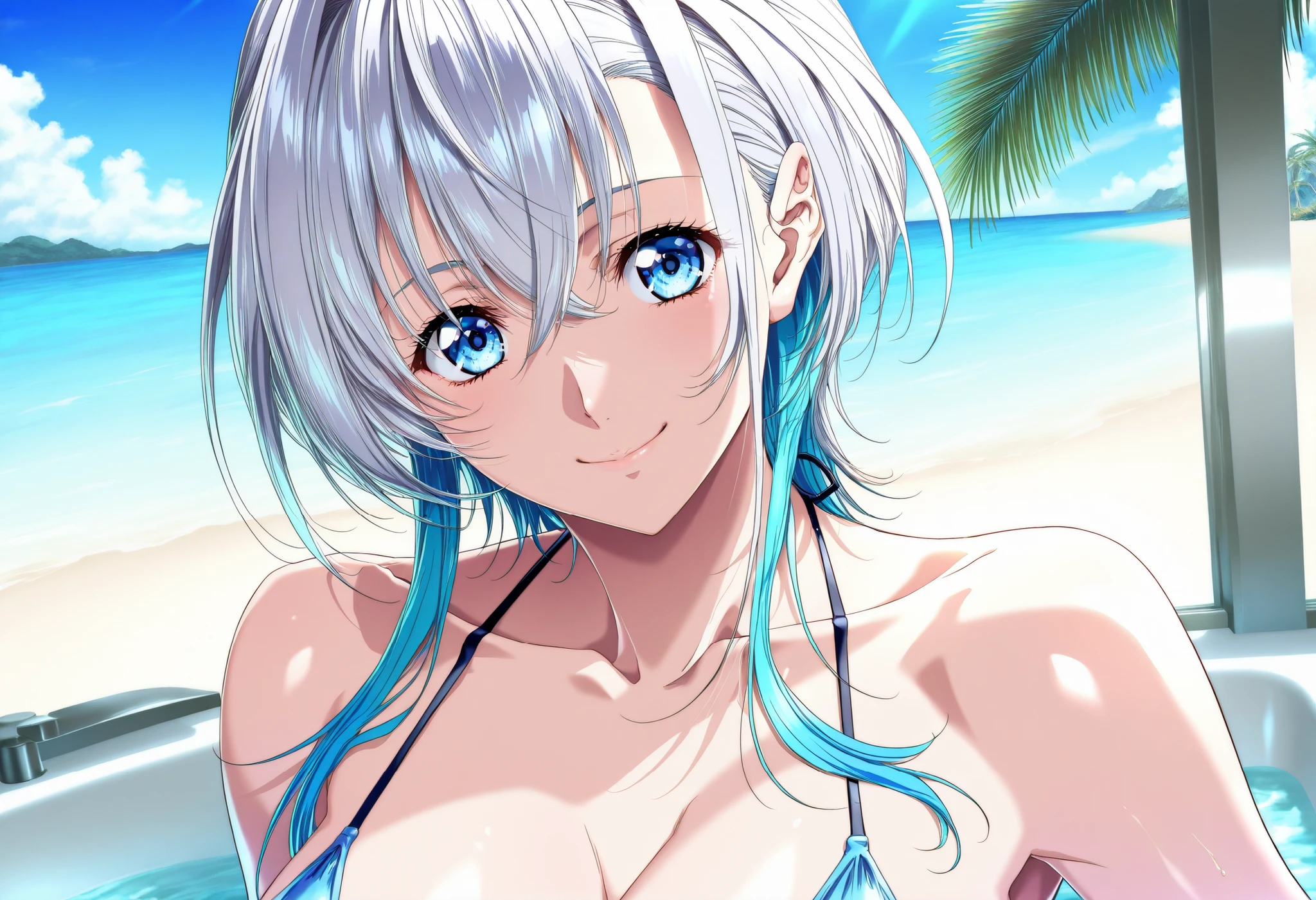 1girl, swimsuit,, hoodie sea, clear water, transparent, breasts, bright