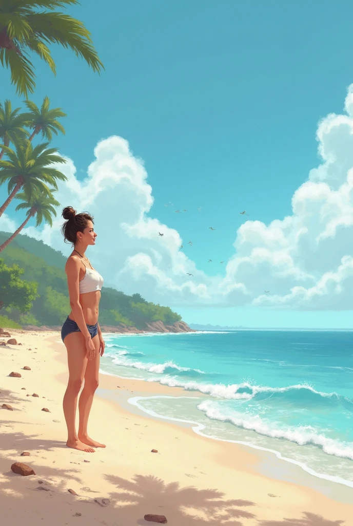 sea beach,the sea,wave,swim wears,Beautuful Women,Faraway view,Realistic style,4k,Seaside cottage