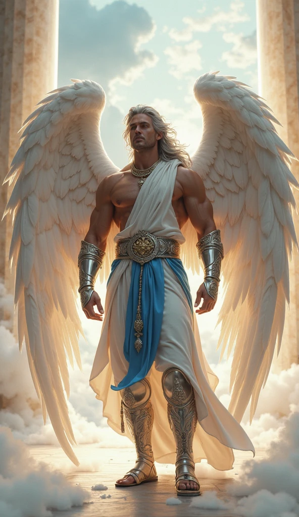 blond, with white wings, mythology artwork, Youngh, naughty man, mighty, with clothes