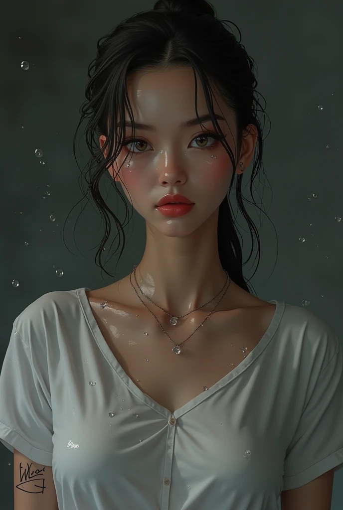 Best image quality, masterpiece, ultra high definition, (Fidelity: 1.4), photo, one girl, kpop idol, [(sadness)], white shirt, dim, dark, hopeless, pathetic, cinematic, tears, tears, (ripped clothes: 1.5), (wet clothes: 1.4), bare shoulders, real rain, wet hair,..