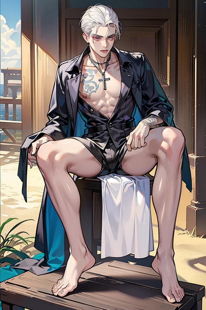 (1 boy,Be a man),Muscular anime guy in the gym, facial expression like masturbation, 1boy, bikini, Tight muscles, Broad shoulders, Handsome and old, Tiny underwear, Sexy, sex, Guy, Gay, Sea, jacket, sunglasses, boy, floral bikini, bright white hair, tight leg muscles, big Cook,