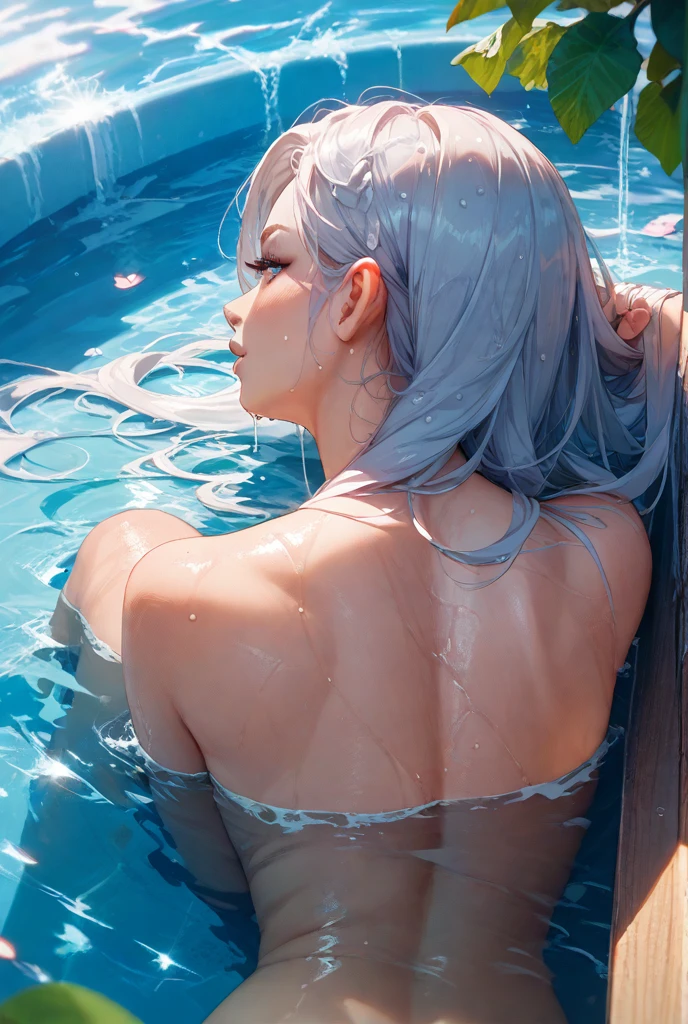 (masterpiece、highest quality、highest quality、official art、beautiful beautiful:1.2)、(1 girl:1.3)Hatsune Miku、（sharp、high dynamic range、highest quality、8ｋ）、Large spill out of the upper body、hair：金hair、bun hair、Braid、clothing：Topless figure、swimsuit、place：waterside、river、action：join hands with、