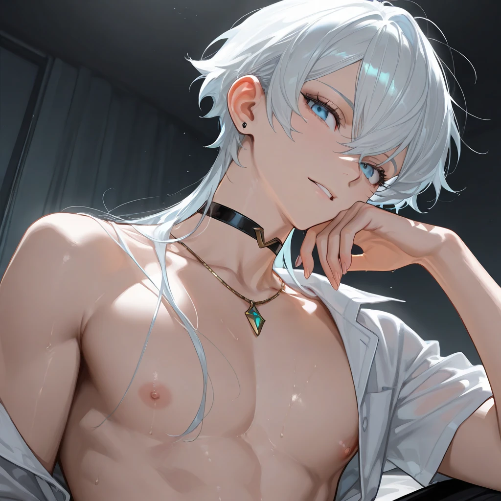 handsome boy silver hair piercings in both ears illustration style Slender body Thin abdominal muscles and small waist boy