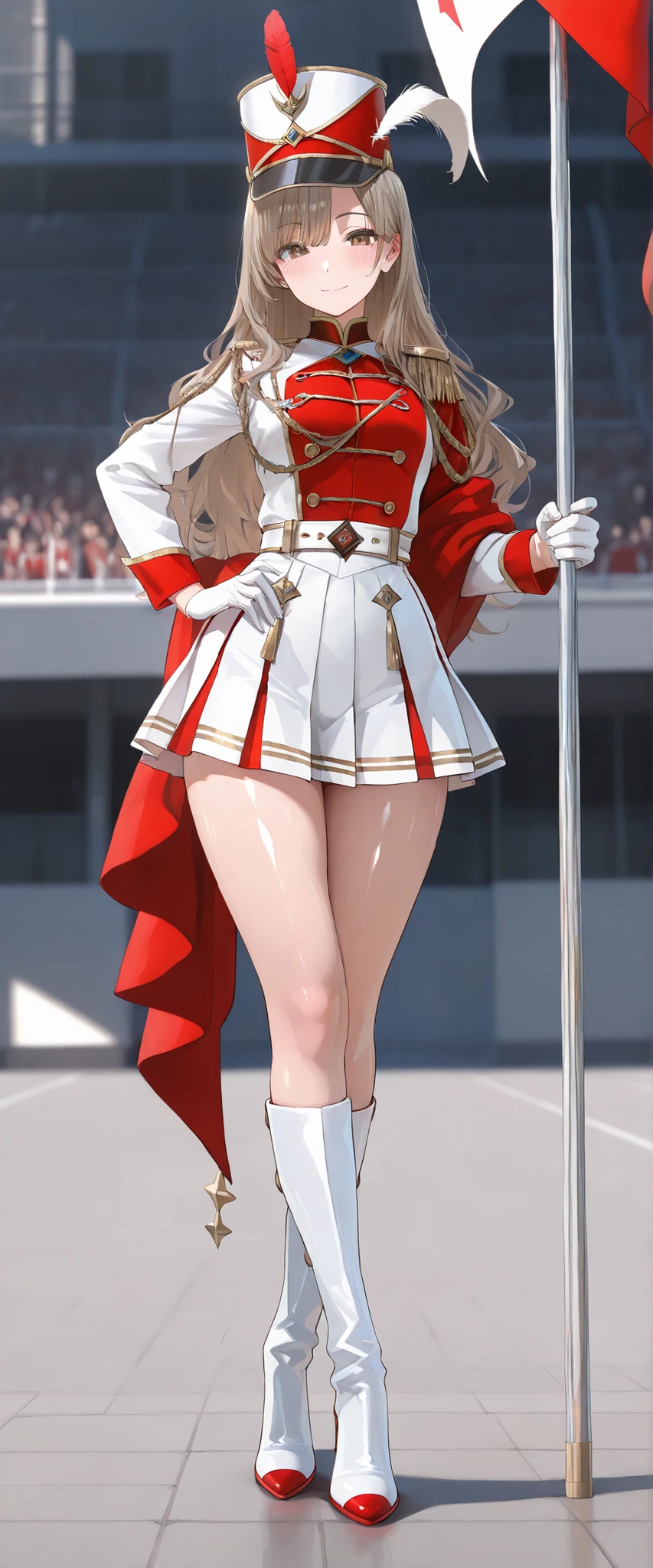 ultra high resolution, 8K, masterpiece, best quality, virtuosity aesthetic artwork, extremely detailed CG unity 8k wallpaper, human figure corrected anatomically, young female, wavy long hair, glistening light brown color hair,(glamorous body shape : 0.8),(thick thighs : 0.6), glistening shiny skin, hyper detailed beautiful face and eyes, hyper detailed beautiful skin, perfect formed hands and fingers, small smile, proud, light blush, crossed legs, right hand holding flag pole, white color marching band's shako hat with hat feather, red color marching band's uniform jacket with epaulette and aiguillette, with color gloves, white color belt, white color marching band's pleated mini skirt, natural skin color shiny pantihose, white color knee boots with middle heels, outdoors, public square,(full length portrait),((visible top of head to toes)), solo, standing, parade's snapshot, full body portrait, perfect lighting,