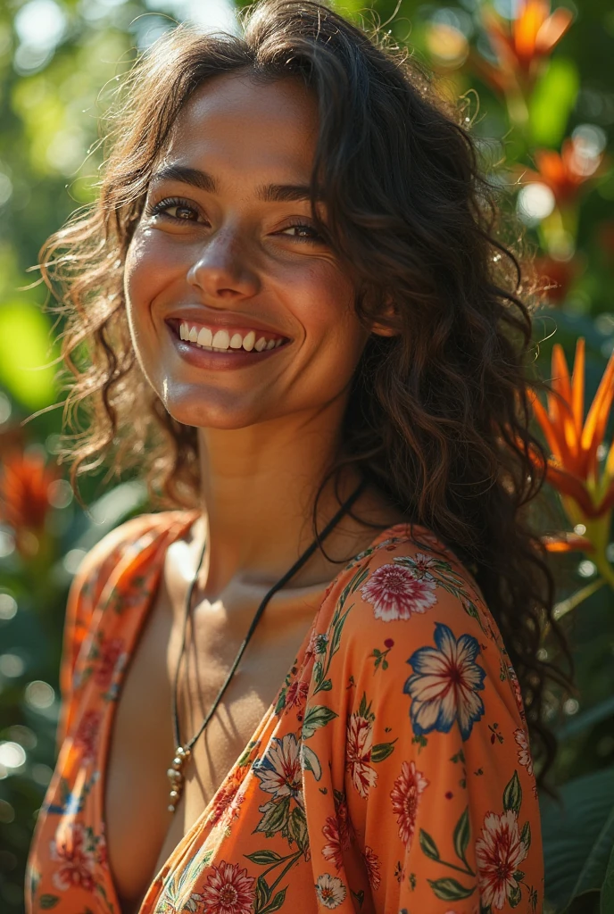 A Brazilian woman in a lush tropical garden, wearing an open shirt with a floral print, with a close-up capturing the harmonious beauty between her breasts and the natural flowers, showing off your natural charm and outgoing personality.
